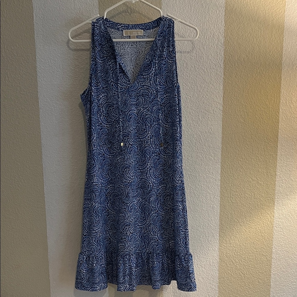 Michael Kors Navy Blue Printed V-Neck Midi Dress